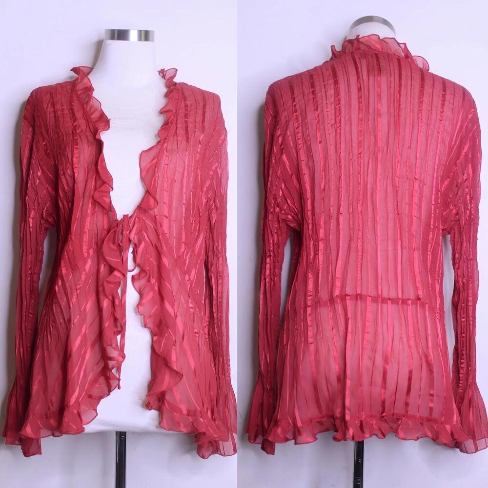 VTG Red Ruffle Romantic Sheer Tie Blouse